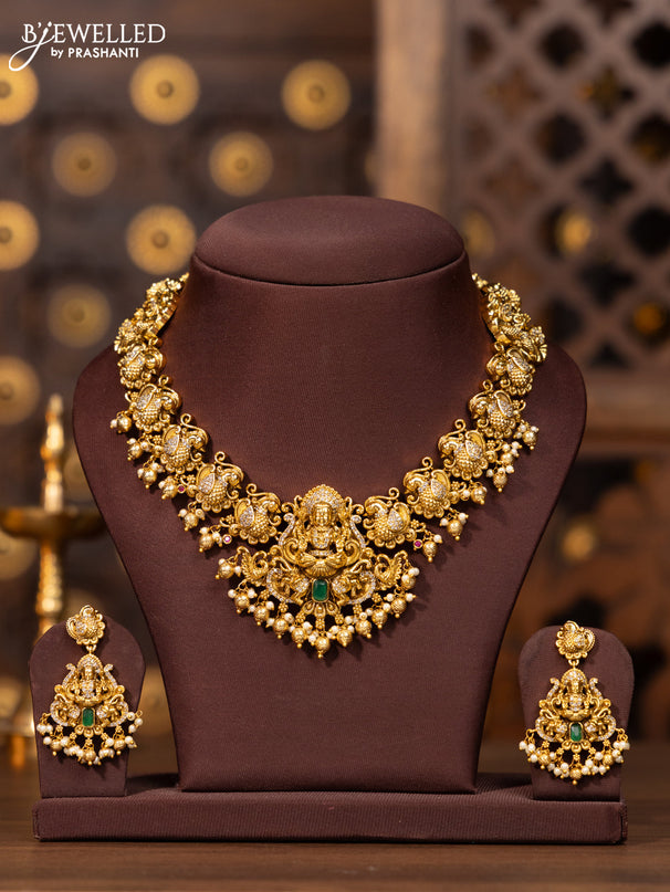 Antique necklace lakshmi design in cz stones and golden ball hanging