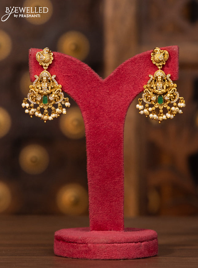 Antique necklace lakshmi design in cz stones and golden ball hanging