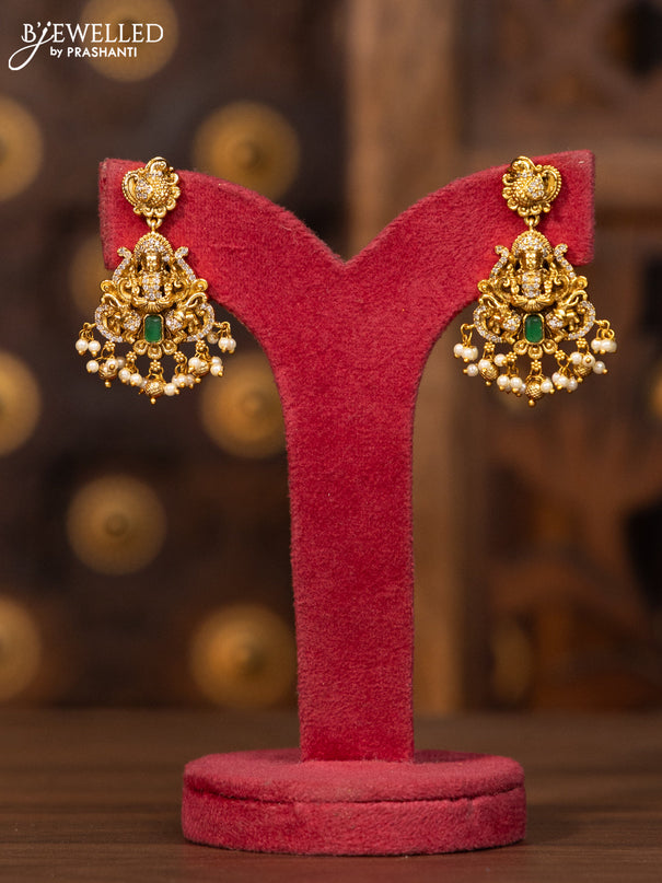 Antique necklace lakshmi design in cz stones and golden ball hanging
