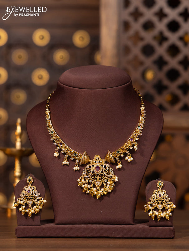 Antique necklace kanti type with multicolor stones and golden beads hanging