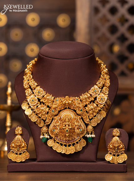 Antique necklace lakshmi peacock deisgn in multicolor kemp and cz stones and lakshmi coin hanging