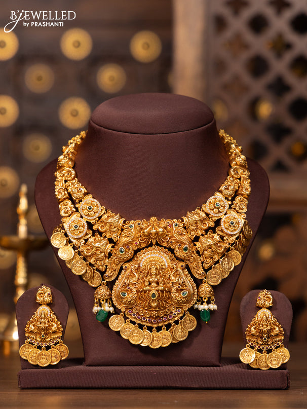 Antique necklace lakshmi peacock deisgn in multicolor kemp and cz stones and lakshmi coin hanging