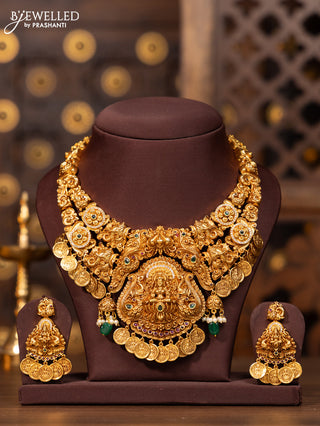 Antique necklace lakshmi peacock deisgn in multicolor kemp and cz stones and lakshmi coin hanging
