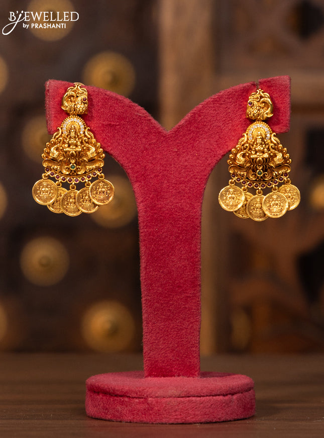 Antique necklace lakshmi peacock deisgn in multicolor kemp and cz stones and lakshmi coin hanging