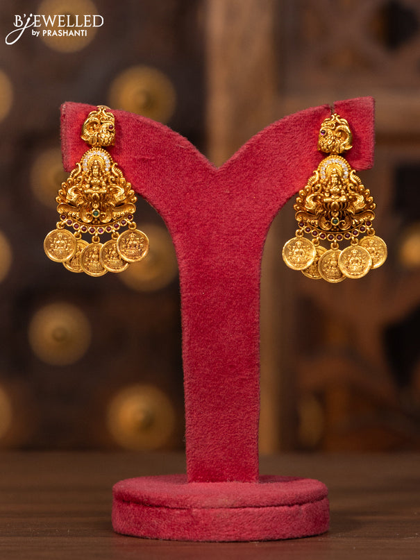 Antique necklace lakshmi peacock deisgn in multicolor kemp and cz stones and lakshmi coin hanging