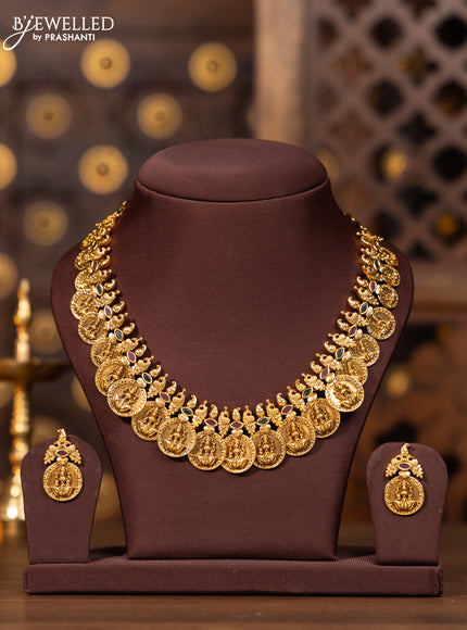 Antique necklace lakshmi coin design with multicolor kemp stones