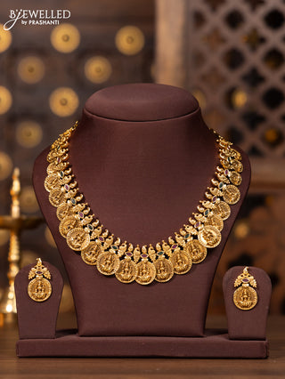 Antique necklace lakshmi coin design with multicolor kemp stones