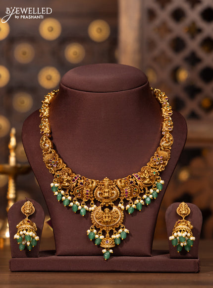 Antique necklace lakshmi peacock deisgn in multicolor kemp and cz stones and green beads hanging