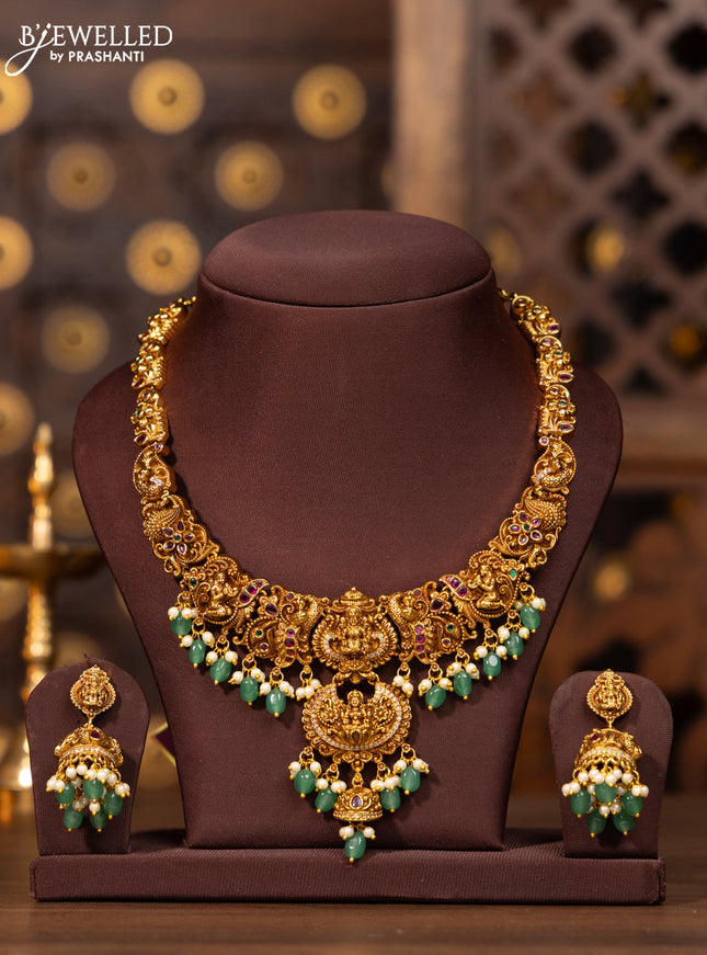 Antique necklace lakshmi peacock deisgn in multicolor kemp and cz stones and green beads hanging