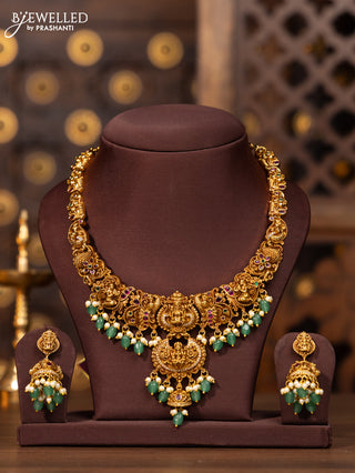 Antique necklace lakshmi peacock deisgn in multicolor kemp and cz stones and green beads hanging