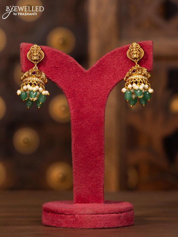 Antique necklace lakshmi peacock deisgn in multicolor kemp and cz stones and green beads hanging