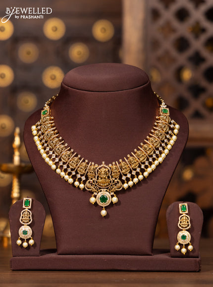 Antique necklace lakshmi deisgn in white and green stone and pearl hanging