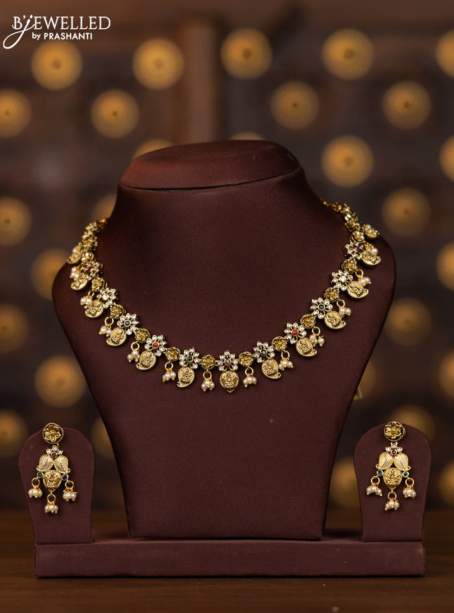 Antique necklace lakshmi manga deisgn with multicolor stones and pearl hanging