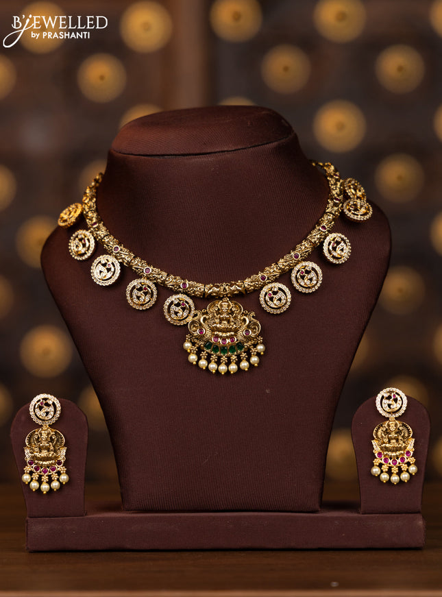 Antique necklace lakshmi pendant deisgn with coin type peacock design in cz stones