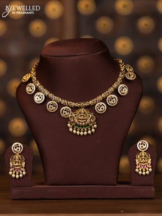 Antique necklace lakshmi pendant deisgn with coin type peacock design in cz stones
