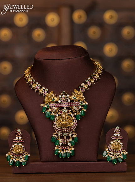 Antique necklace lakshmi peacock deisgn in multicolor kemp and cz stones and green beads hanging