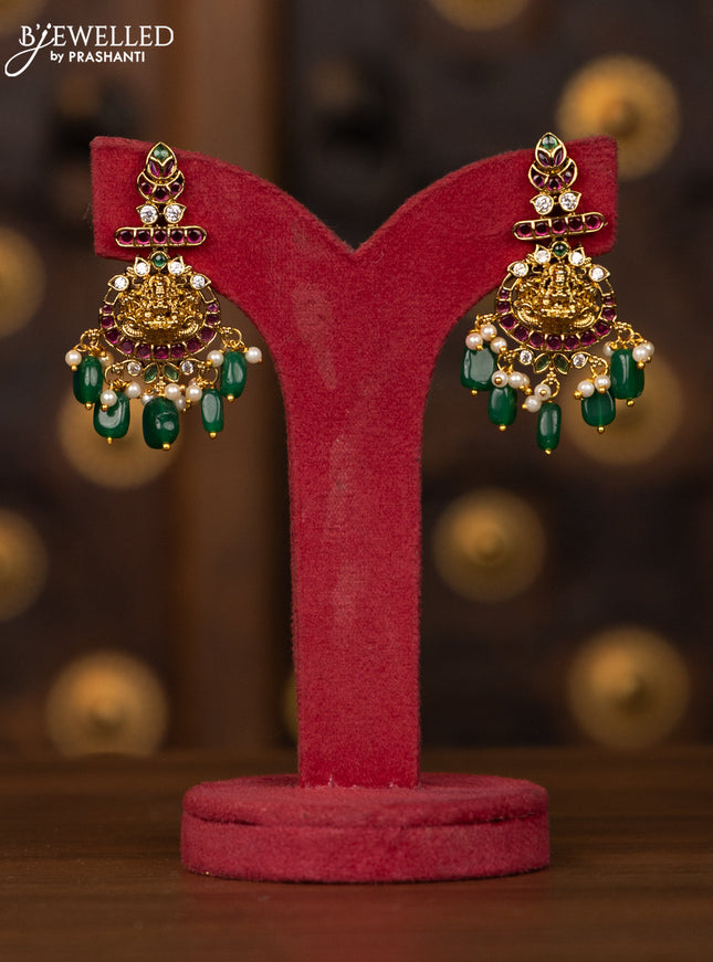 Antique necklace lakshmi peacock deisgn in multicolor kemp and cz stones and green beads hanging