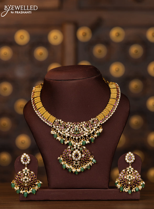 Antique necklace double peacock design in multicolor kemp stones and rice pearl beads hanging