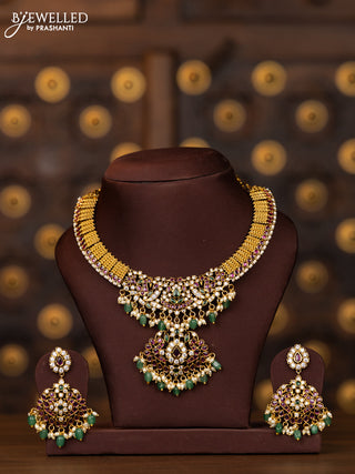 Antique necklace double peacock design in multicolor kemp stones and rice pearl beads hanging