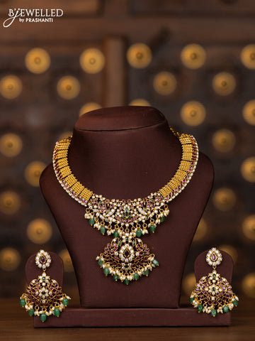 Antique necklace double peacock design in multicolor kemp stones and rice pearl beads hanging