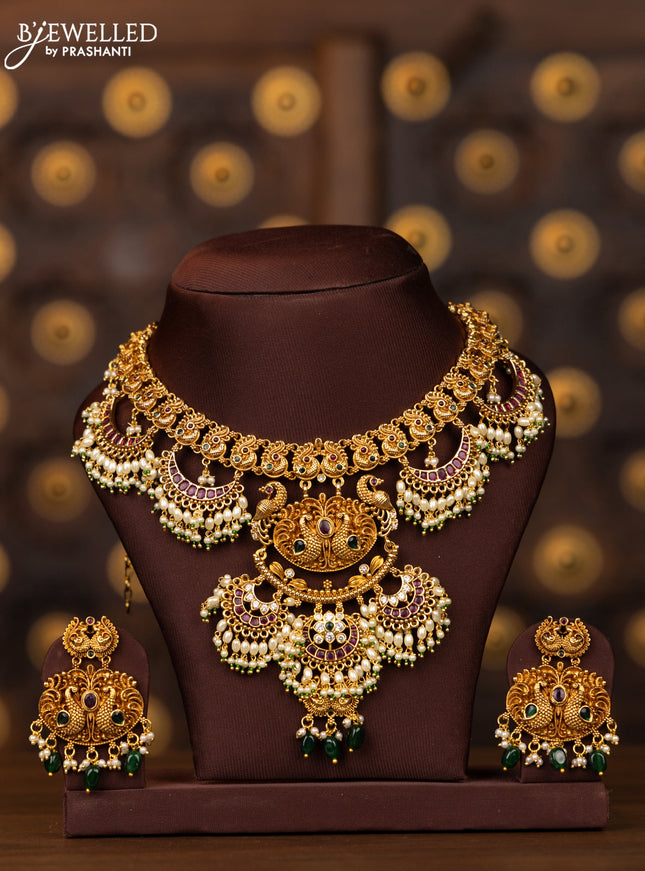 Antique necklace double peacock design in multicolor kemp stones and rice pearl beads hanging