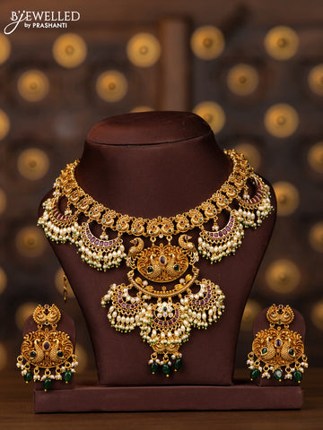 Antique necklace double peacock design in multicolor kemp stones and rice pearl beads hanging
