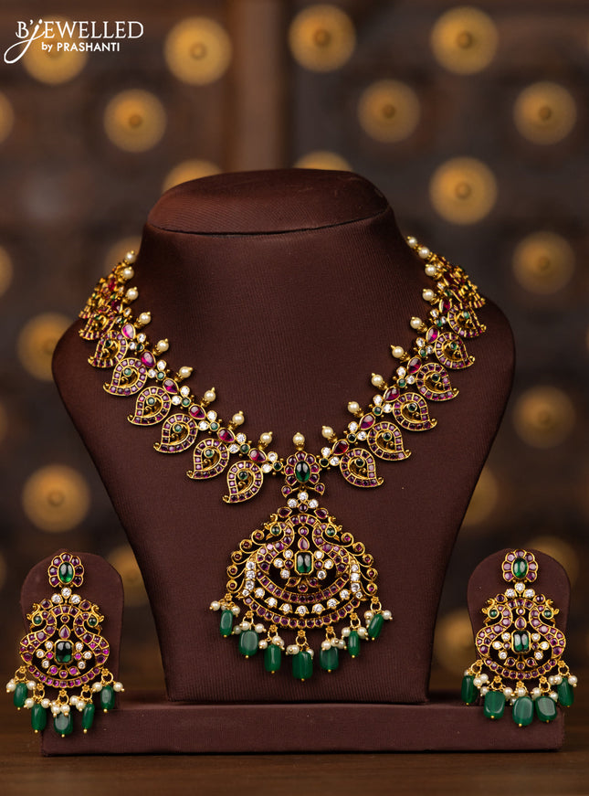 Antique necklace double peacock design in multicolor kemp stones and green beads hanging