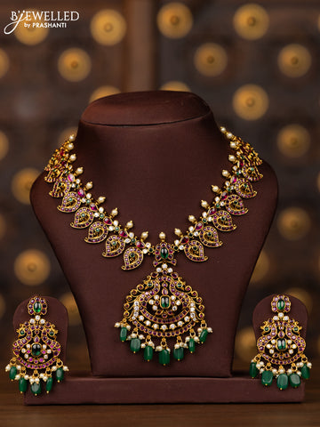 Antique necklace double peacock design in multicolor kemp stones and green beads hanging