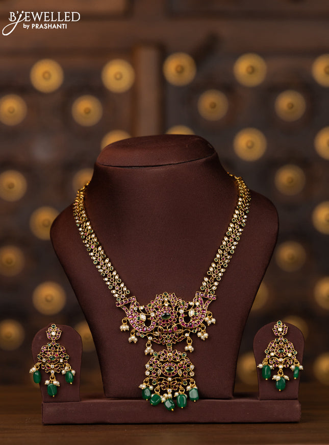 Antique necklace double peacock design in multicolor kemp stones and rice pearl beads hanging
