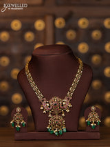 Antique necklace double peacock design in multicolor kemp stones and rice pearl beads hanging