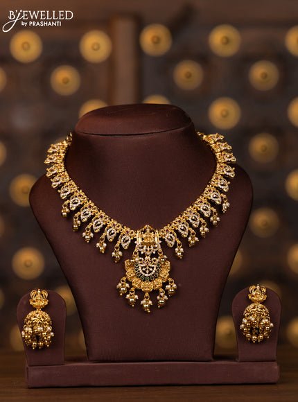 Antique necklace lakshmi deisgn in cz and multicolor kemp stones and golden ball hanging