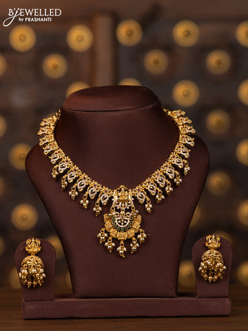 Antique necklace lakshmi deisgn in cz and multicolor kemp stones and golden ball hanging