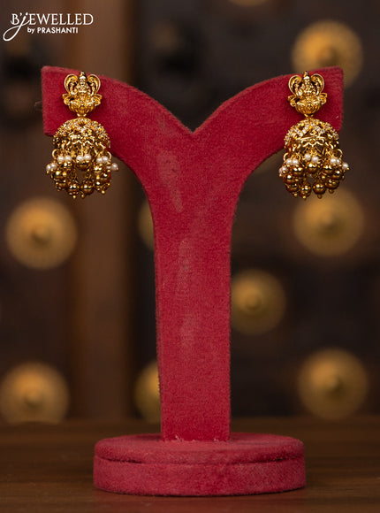 Antique necklace lakshmi deisgn in cz and multicolor kemp stones and golden ball hanging