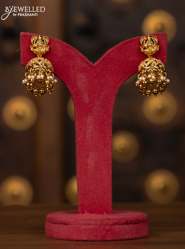 Antique necklace lakshmi deisgn in cz and multicolor kemp stones and golden ball hanging