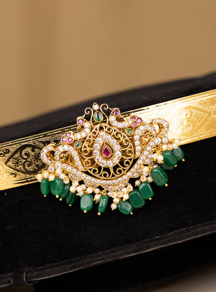 Antique hip belt double peacock design in multicolor kemp stones and green beads hanging
