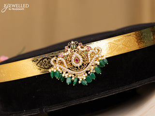Antique hip belt double peacock design in multicolor kemp stones and green beads hanging