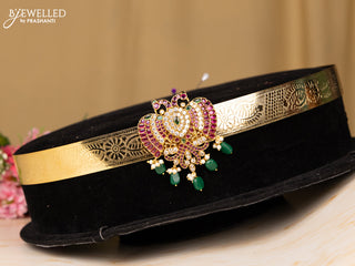 Antique hip belt gandaberunda design in multicolor kemp stones and green bedas hanging