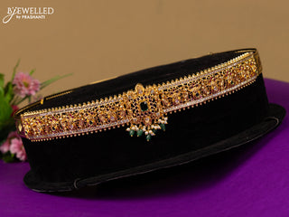 Antique hip belt female deisgn with multicolor kemp stones and green beads hanging