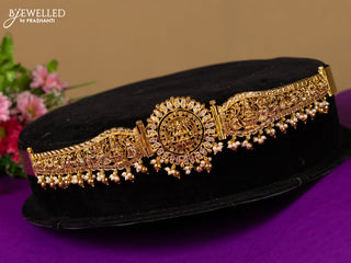 Antique hip belt with rotating lakshmi and peacock pendant in white and red stones and pearl hanging with removable pendant