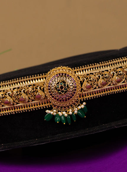 Antique hip belt peacock & floral design in red,green & white kemp stones and green beads hanging