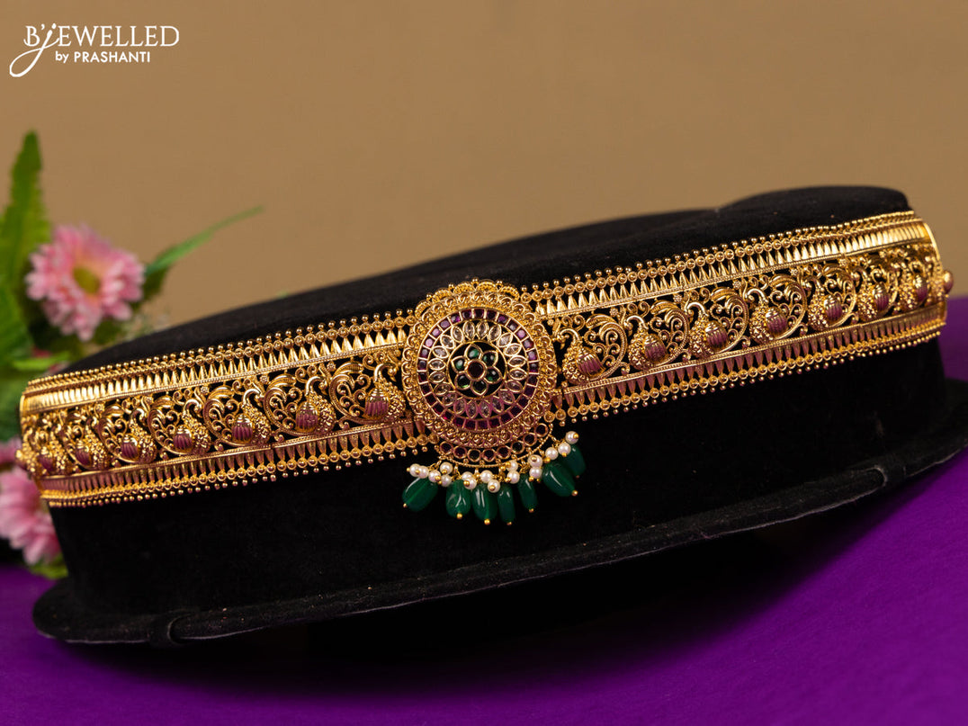 Antique hip belt peacock & floral design in red,green & white kemp stones and green beads hanging