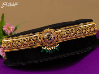 Antique hip belt peacock & floral design in red,green & white kemp stones and green beads hanging
