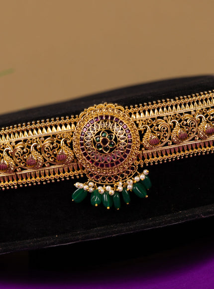 Antique hip belt peacock & floral design in red,green & white kemp stones and green beads hanging