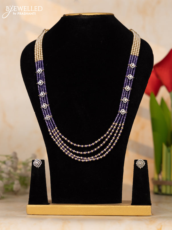 Beaded necklace purple color beads in sqaure shape cz stones
