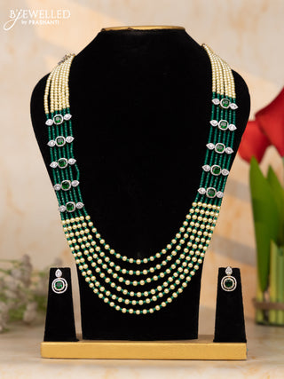 Beaded necklace multilayer dark green beads necklace with green and white cz stones pendant