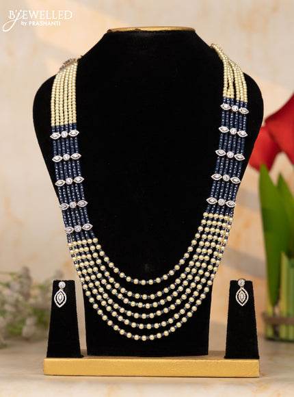 Beaded necklace multilayer navy blue beads necklace with pink and white cz stones pendant
