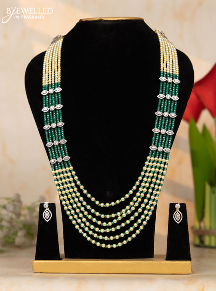 Beaded necklace multilayer dark green beads necklace with green and white cz stones pendant
