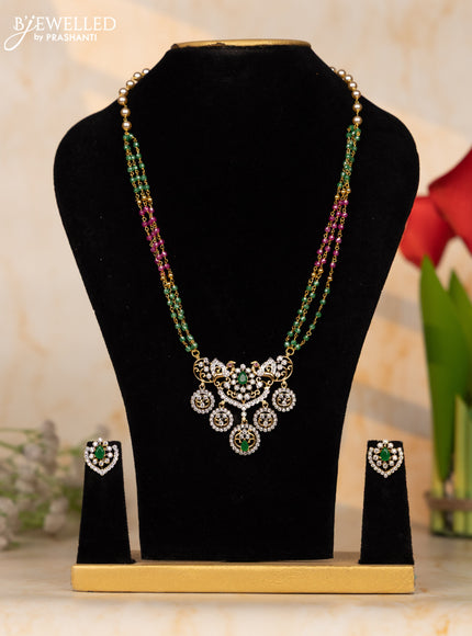 Beaded necklace with multicolor pink and green beads and cz stone pendnat