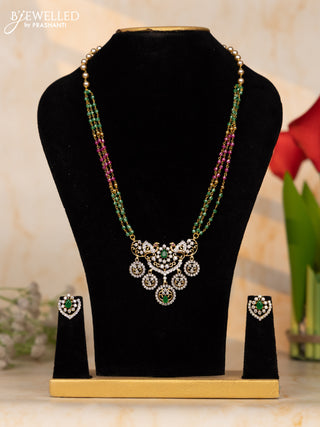 Beaded necklace with multicolor pink and green beads and cz stone pendnat
