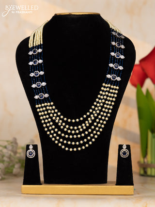 Beaded necklace multilayer dark blue beads necklace with blue and white cz stones pendant